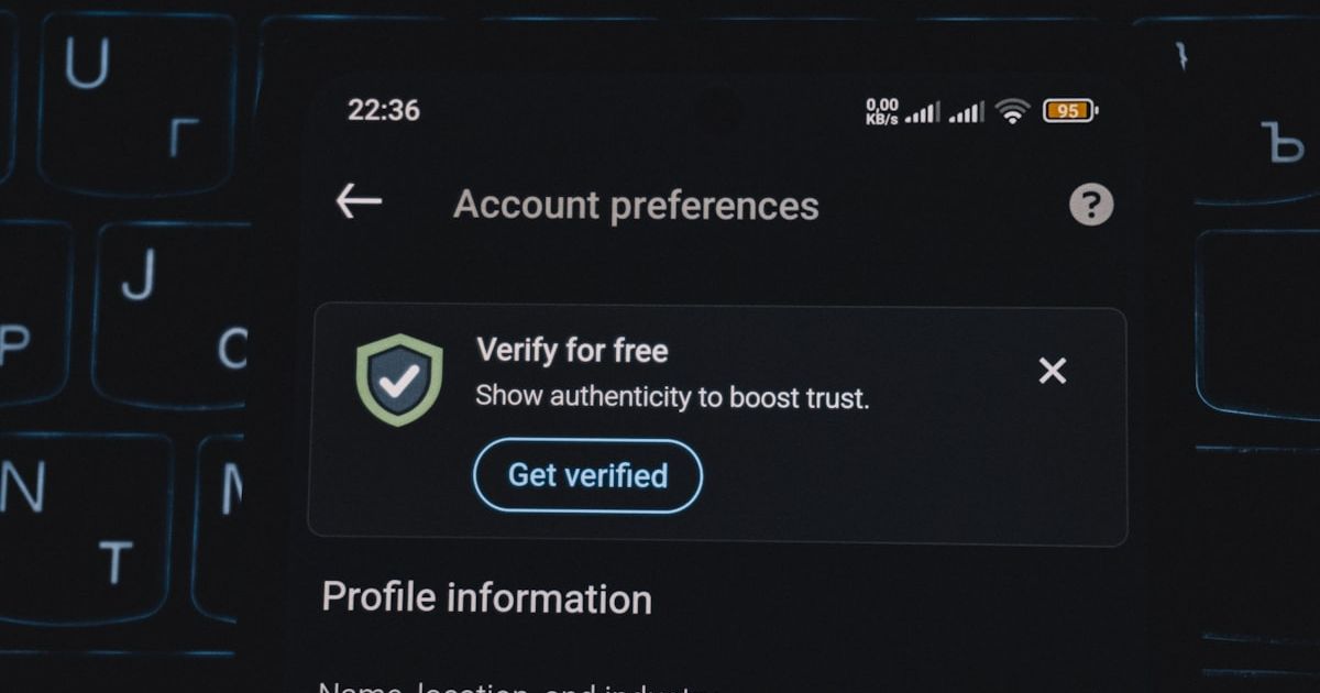 Account preferences screen with verification prompt